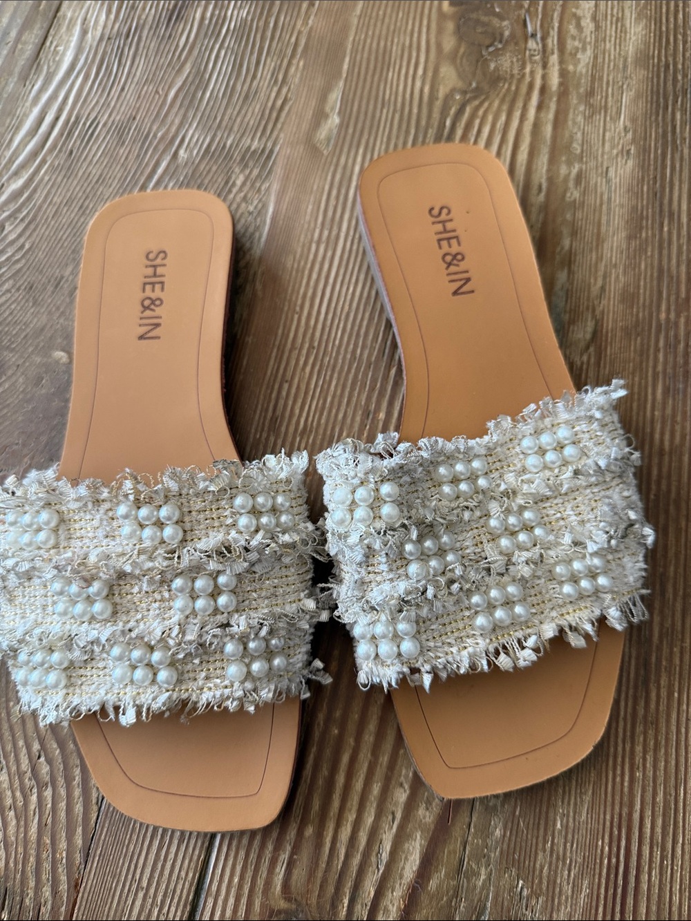 SHEIN Tan Slide Sandals with Cream Tweed Straps and Pearl Clusters size 36